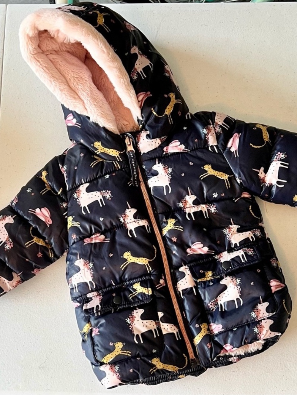 Navy Unicorn Print Puffer Jacket with Pink Faux-Fur Hood